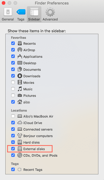 Show external disks in Finder