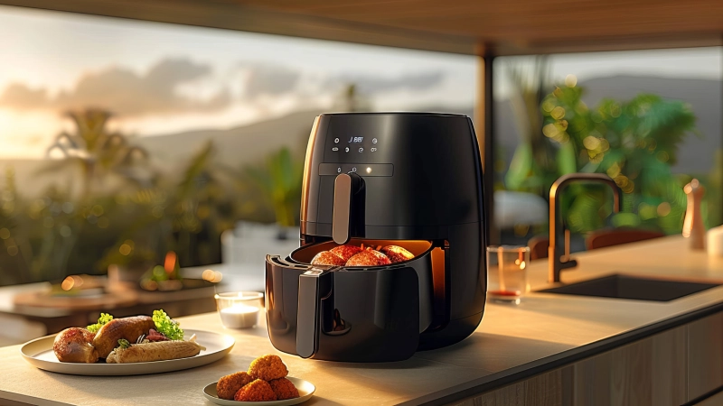 view modern air fryer with food view-modern-air-fryer-with-food