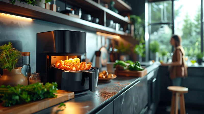 view modern hot air fryer with cooked food view-modern-hot-air-fryer-with-cooked-food