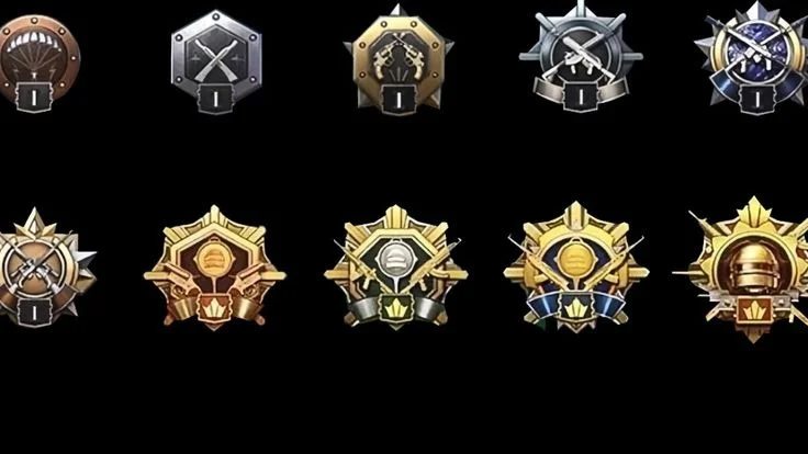 A complete lineup of all the tier badges from Bronze to Conqueror, showing off the entire PUBG Mobile rank system progression