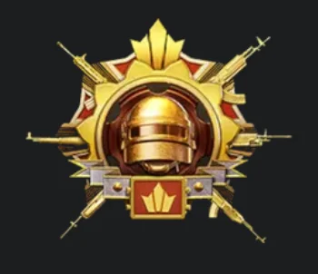 A shiny golden badge with a helmet and crossed guns, showing off the Conqueror tier, which is the absolute peak of the PUBG Mobile ranks for the top 500 players
